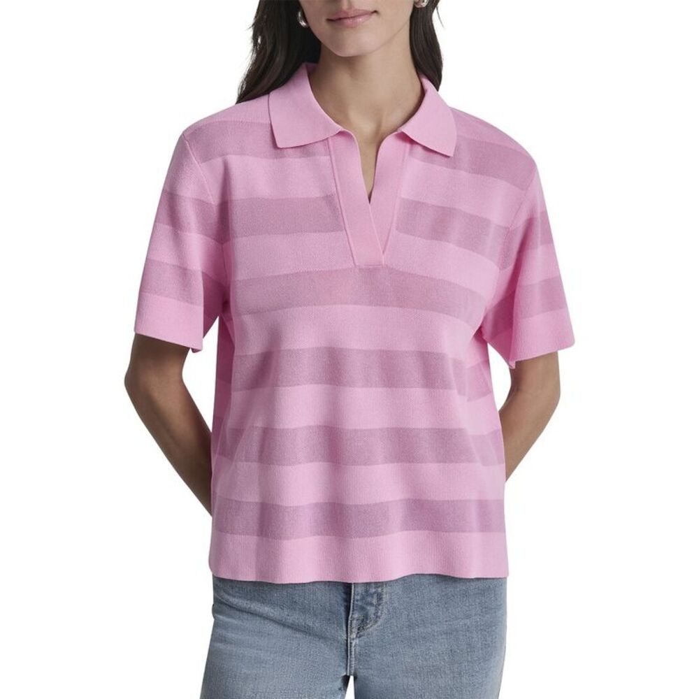 Dkny Womens  Sheer Striped Polo Sweater, Red